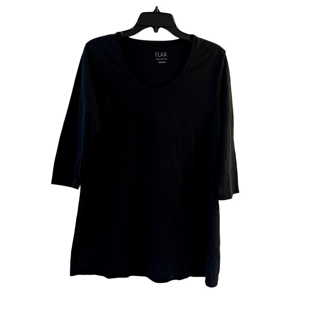Flax long 100% cotton black top t-shirt crew neck size M Medium - Picture 1 of 4